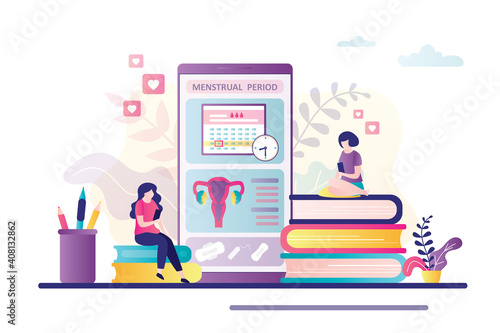 Smartphone with menstrual period application. Women planning menstrual cycle online. Software about women protection.