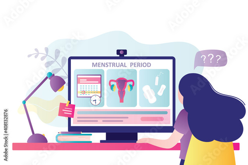 Girl studies features of female reproductive system. Menstruation calendar and various feminine hygiene items on computer screen