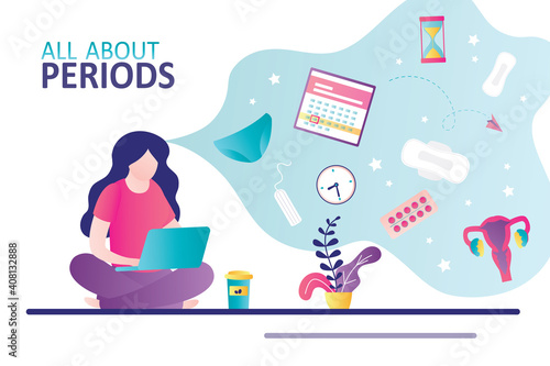 Cute woman learns all about female reproductive system. Various personal hygiene products and menstrual calendar