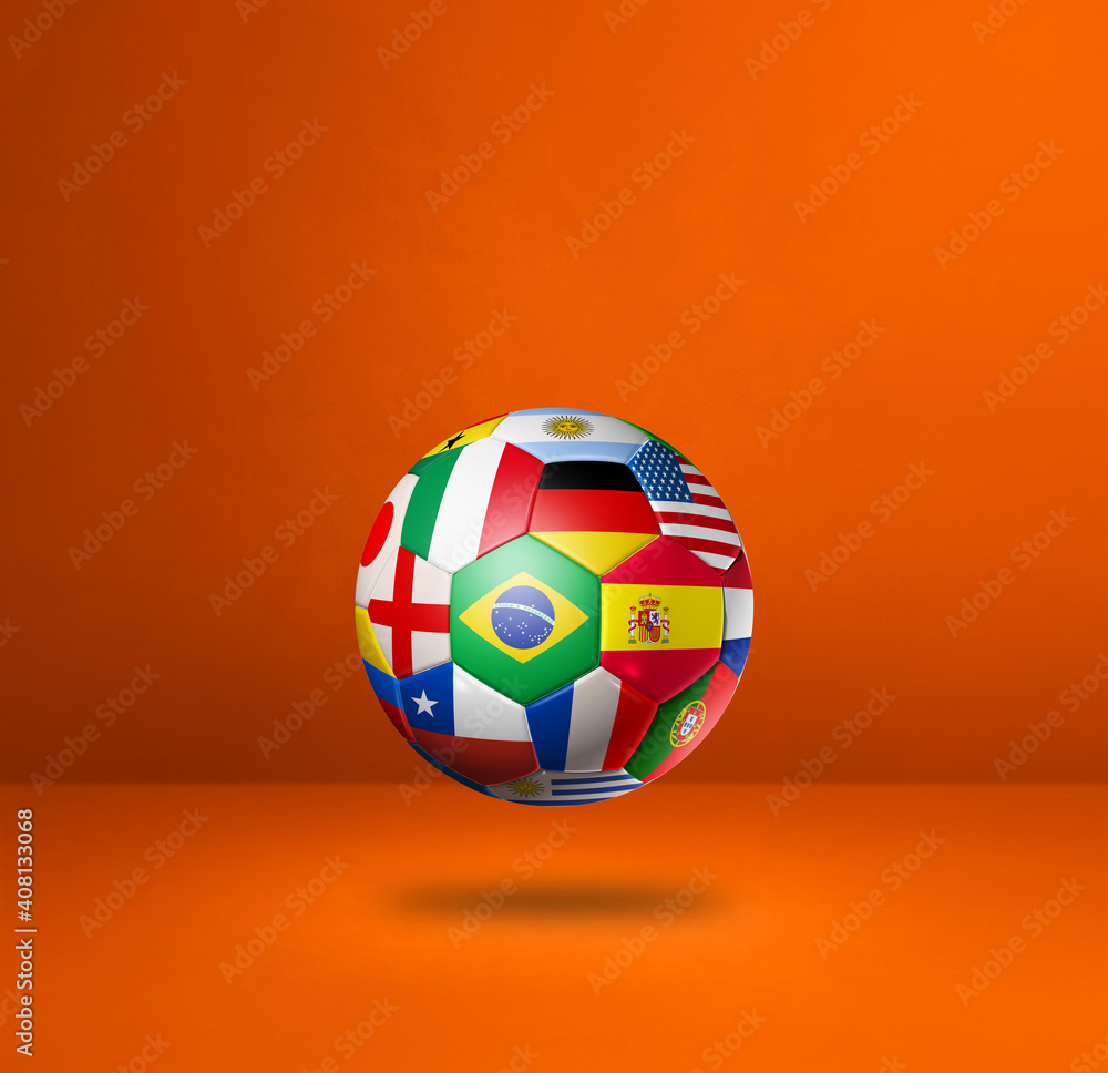 Obraz premium Football soccer ball with national flags on a orange studio background