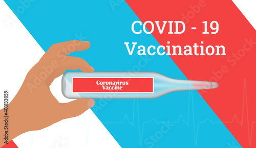 Time to vaccinate. Horizontal banner with hand holding medical vaccine,syringe,virus sign.Disease prevention Covid - 19. Stock vector illustration on blue isolated background.