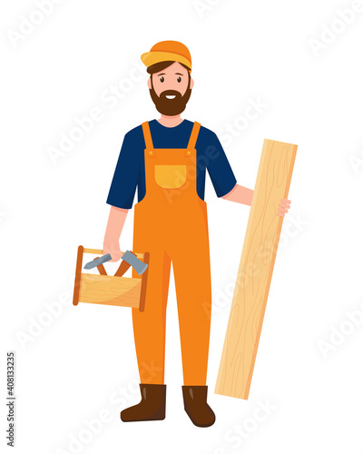 Carpenter with wooden board and work tools.