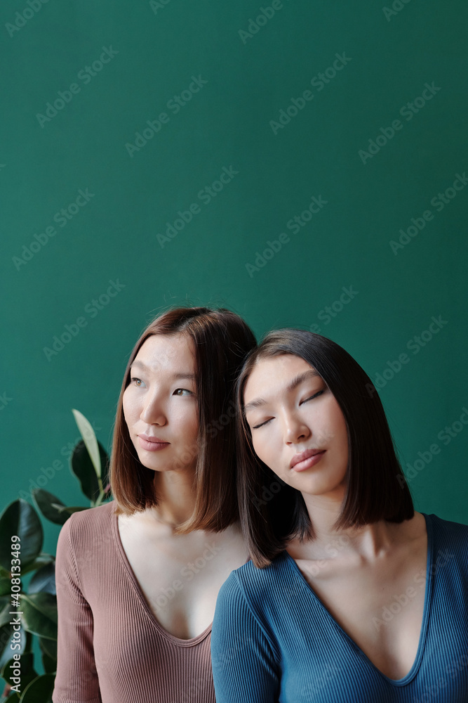 Young twin sisters of Asian ethnicity with dark hair relaxing in front of camera Young twin sisters of Asian ethnicity with dark hair relaxing in front of camera