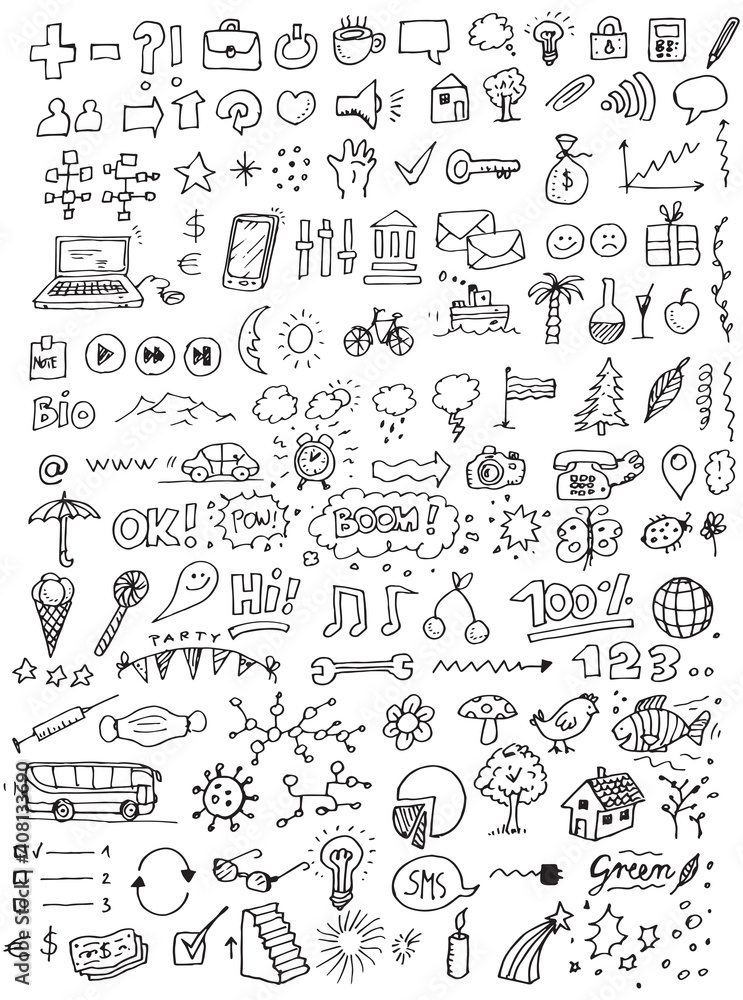 Different doodles hand drawn vector icons
