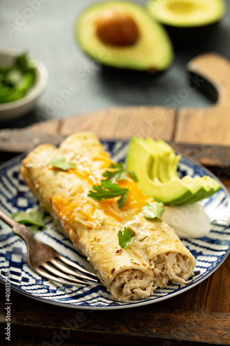 Green enchiladas on a plate topped with cheese and cilantro photo