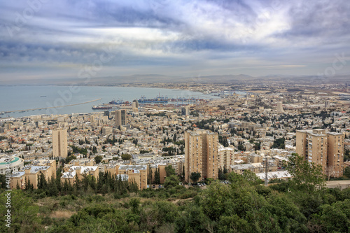 Panoramic view from Mount Carmel to cityscape and port in Haifa