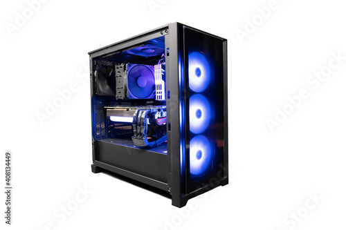 Isolated Black Destop Computer Middle Size Tower with LED RGB Light