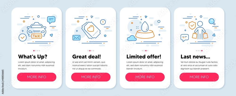 Set of Business icons, such as Water bowl, Taxi, Love ticket symbols. Mobile screen banners. Buyer insurance line icons. Pets feeding, Public transfer, Heart. Purchase coverage. Vector