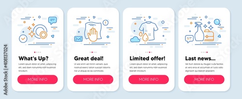 Set of Cleaning icons, such as Clean dishes, Washing cloth, Wash t-shirt symbols. Mobile screen app banners. Cleanser spray line icons. Dishwasher concept, Wipe with a rag, Laundry shirt. Vector
