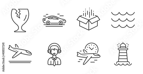 Fragile package, Car and Lighthouse line icons set. Waves, Shipping support and Open box signs. Flight time, Arrivals plane symbols. Safe shipping, Transport, Searchlight tower. Vector