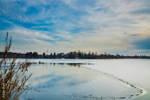 Snagov lake during wintertime, frost on the surface