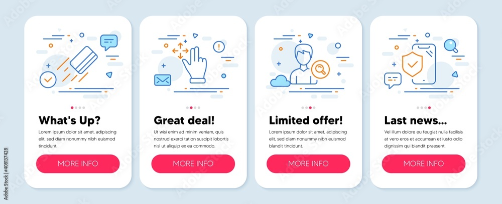 Set of Business icons, such as Credit card, Move gesture, Search people symbols. Mobile screen mockup banners. Phone insurance line icons. Bank payment, Swipe, Find profile. Full coverage. Vector Set of Business icons, such as Credit card, Move gesture, Search people symbols. Mobile screen mockup banners. Phone insurance line icons. Bank payment, Swipe, Find profile. Full coverage. Vector