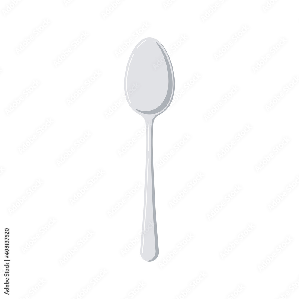 Metal spoon icon isolated on white background. Cutlery flat design element - tablespoon. Top view silver tableware. Vector cartoon style kitchenware illustration. Metal spoon icon isolated on white background. Cutlery flat design element - tablespoon. Top view silver tableware. Vector cartoon style kitchenware illustration.