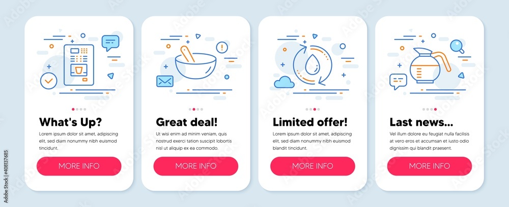 Set of Food and drink icons, such as Cooking mix, Coffee vending, Refill water symbols. Mobile app mockup banners. Coffeepot line icons. Bowl, Coffee vending machine, Recycle aqua. Vector Set of Food and drink icons, such as Cooking mix, Coffee vending, Refill water symbols. Mobile app mockup banners. Coffeepot line icons. Bowl, Coffee vending machine, Recycle aqua. Vector