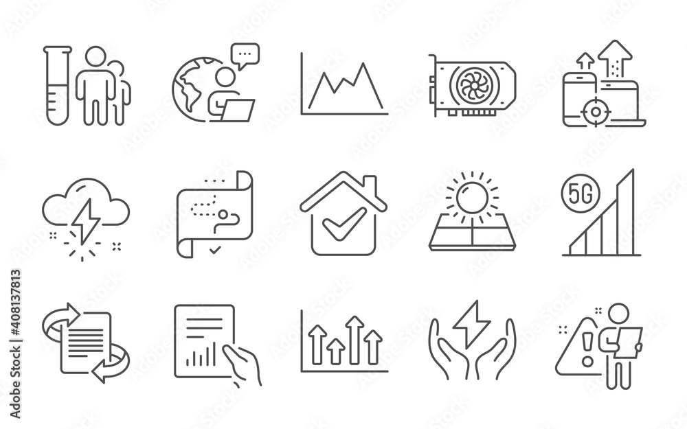 Fototapeta premium Diagram, Thunderstorm weather and Safe energy line icons set. Medical analyzes, 5g wifi and Gpu signs. Target path, Document and Marketing symbols. Sun energy, Upper arrows and Seo devices. Vector