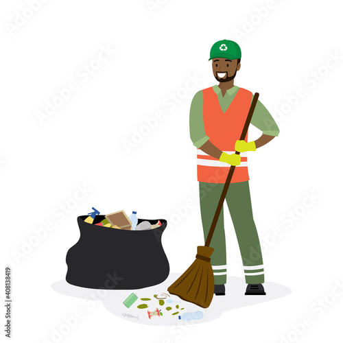 Garbage collector and trash bag with garbage. African american male worker character in uniform. Cartoon guy sweeping garbage with broom