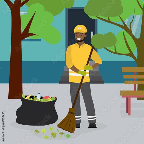 Garbage collector and trash bag with garbage. African american male worker character in uniform on city street. Cartoon guy sweeping  leaves with broom.