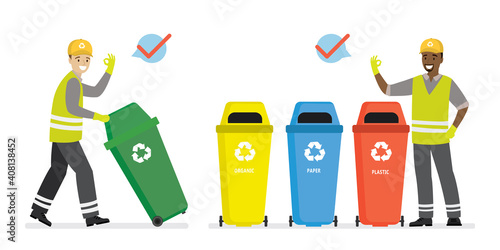 Garbage collectors team with empty trash cans after cleaning. Cartoon multiethnic male workers, isolated on white background.