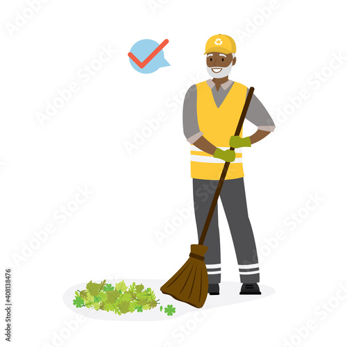 Old garbage collector at work. African american male worker in special uniform. Elderly scavenger remove leaves. Aged cleaner sweeps floor