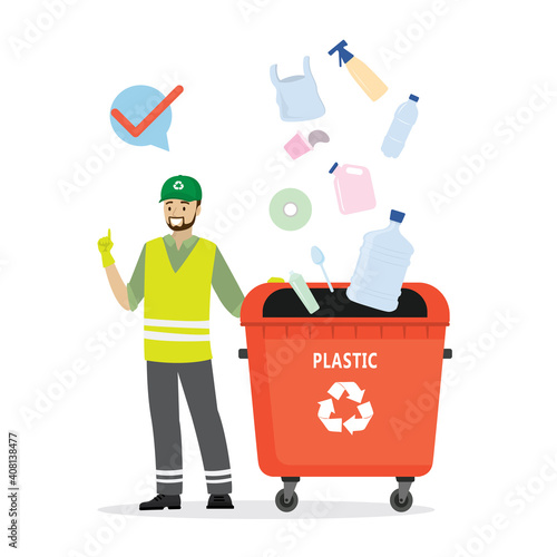 Separate garbage collection. Caucasian man in uniform stands near trash can. Plastic items fall into separate tank.