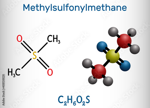 Methylsulfonylmethane, MSM, methyl sulfone, dimethyl sulfone molecule. It is organosulfur compound with sulfonyl functional group. Structural chemical formula and molecule model