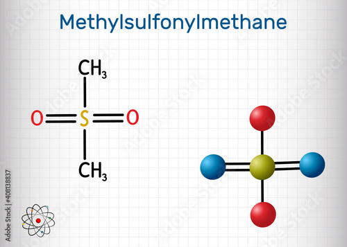 Methylsulfonylmethane, MSM, methyl sulfone, dimethyl sulfone molecule. It is organosulfur compound with sulfonyl functional group.. Sheet of paper in a cage