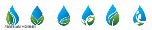 Water drop icon with leaf, Clean Logo, eco natural aqua Blue green Logo Designs Concept, vector illustration