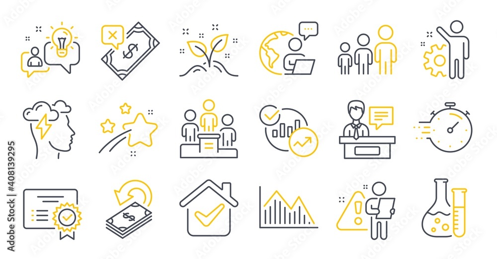 Set of Education icons, such as Exhibitors, Startup concept, Business hierarchy symbols. Statistics, Idea, Cashback signs. Rejected payment, Timer, Mindfulness stress. Chemistry lab. Vector Set of Education icons, such as Exhibitors, Startup concept, Business hierarchy symbols. Statistics, Idea, Cashback signs. Rejected payment, Timer, Mindfulness stress. Chemistry lab. Vector