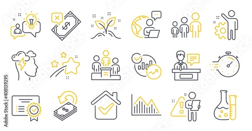 Set of Education icons, such as Exhibitors, Startup concept, Business hierarchy symbols. Statistics, Idea, Cashback signs. Rejected payment, Timer, Mindfulness stress. Chemistry lab. Vector © blankstock
