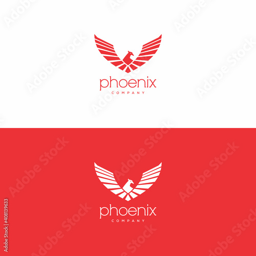 Stylish abstract phoenix logo sign template on red and white background.