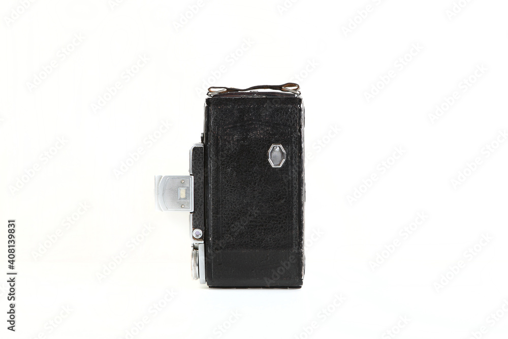 Old medium format rangefinder camera on white background. Old medium format rangefinder camera on white background.