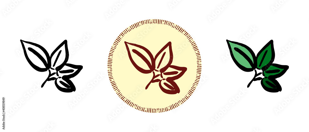 This is a set of icons with different style of tea leaves. Contour, color and retro symbols of tea leaves. Freehand drawing, doodles. Stylish solution for website and label.
