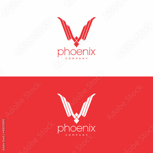 Stylish abstract phoenix logo sign template on red and white background.