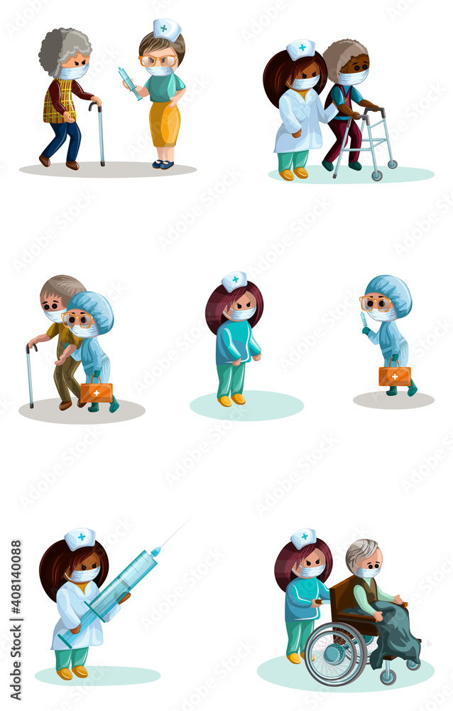 Vector image. Help for the elderly and people with disabilities. Relationships between elderly people, doctors and social workers in medical masks. set. Cartoon style