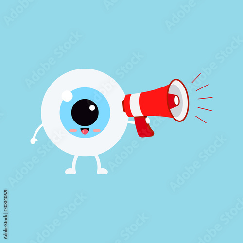 Cute eye eyeball with red megaphone isolated on background. Ophthalmology promotion eye character with loudspeaker sign. Flat design cartoon style vector illustration.