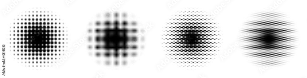 Set of halftone circles. Abstract dotted background. Texture of black dots. Monochrome gradient background. Vector illustration.