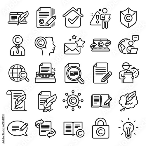 Copywriting book line icons. Set of Copyright protection, Signature and Feedback icons. Typewriter, Idea and message copywriting. Write book, legal copyright, content author. Light bulb. Vector