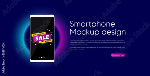 Sale 50 percent off banner. Mobile phone vector mockup. Discount sticker shape. Coupon tag icon. Smartphone mockup template. Sale 50 banner. Phone screen frame. Neon background. Vector