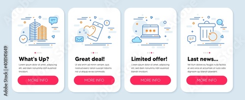 Set of Business icons, such as Skyscraper buildings, Heart, Laptop password symbols. Mobile screen app banners. Recovery trash line icons. Town architecture, Love call, Computer access. Vector