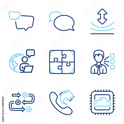 Technology icons set. Included icon as Speech bubble, Puzzle, Share call signs. Cloud computing, Resilience, Third party symbols. Messenger, Survey progress line icons. Line icons set. Vector photo