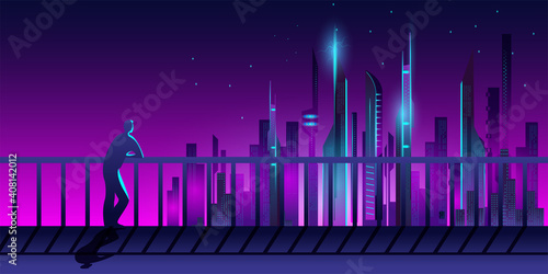 A male silhouette stands at the railing admiring the night city. City of the future skyscrapers at dawn. Vector horizontal illustration in neon colors in the style of cyberpunk.