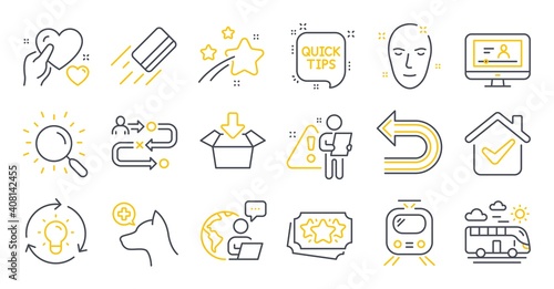 Set of Business icons, such as Hold heart, Search, Train symbols. Veterinary clinic, Get box, Loyalty points signs. Undo, Bus travel, Online video. Idea, Journey path, Credit card. Vector