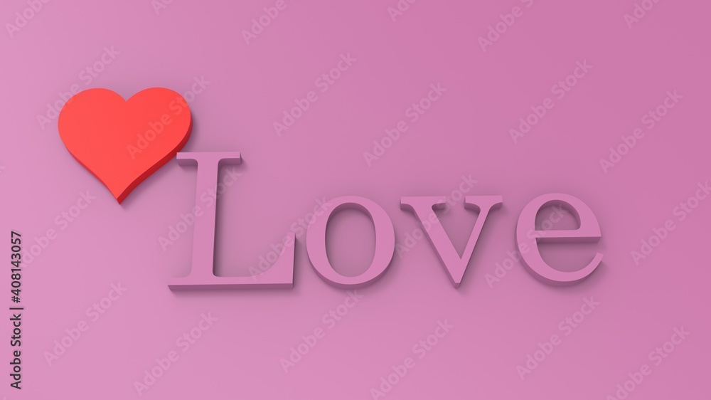 Love and a red heart symbol on a pink background. 3d illustration.