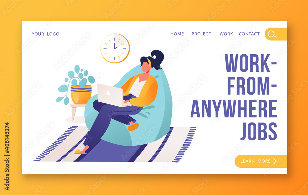 Remote work concept for landing page template. Woman character working on laptop, sitting in bag chair. Freelancer, remote worker, self-employment and the ability to work from anywhere in the world.