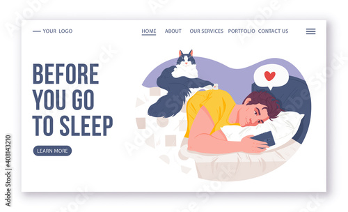 Daily routine, bedtime, insomnia, social media and chats concept for landing page template. Young man lying in bed with contented cat and texting in application on phone with friends or his girlfriend