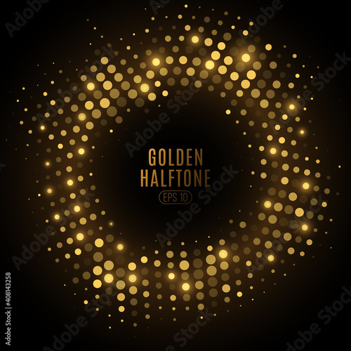 Abstract golden glittering halftone frame. Luxurious glowing dots circle for a disco. Festive round frame for graphic design. Retro party background. Vector illustration.