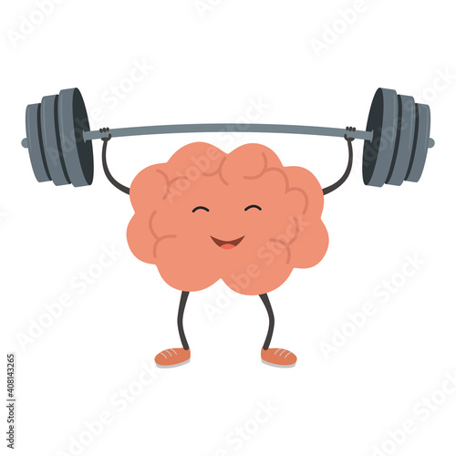 Strong powerful brain holding heavy barbell. Intelligence, mind, imagination, creativity, knowledge and education concept. Train your brain