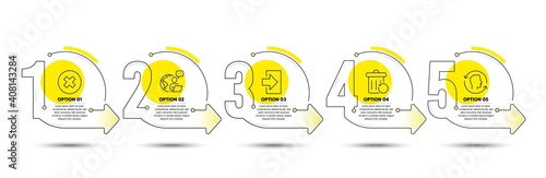 Login, Close button and Face id line icons set. Timeline process infograph. Recovery trash sign. Sign in, Delete or decline, Identification system. Backup file. Technology set. Vector