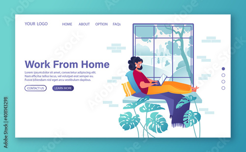 Remote work, home office, self-employment and freelance landing page template. Woman, character in flat cartoon style, works at laptop while sitting on windowsill in her apartment. Modern interior