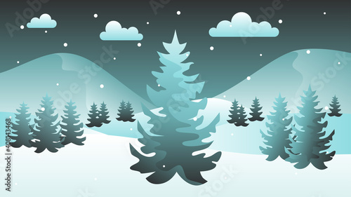 Winter night time. Winter landscape with snowdrifts and snowy fir trees. Seasonal nature background. Vector illustration.